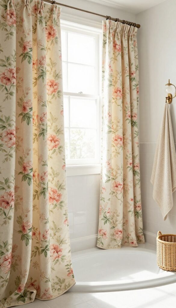 Vintage floral print curtains in a bright bathroom with natural light, creating a cozy and timeless charm with muted colors and soft patterns.