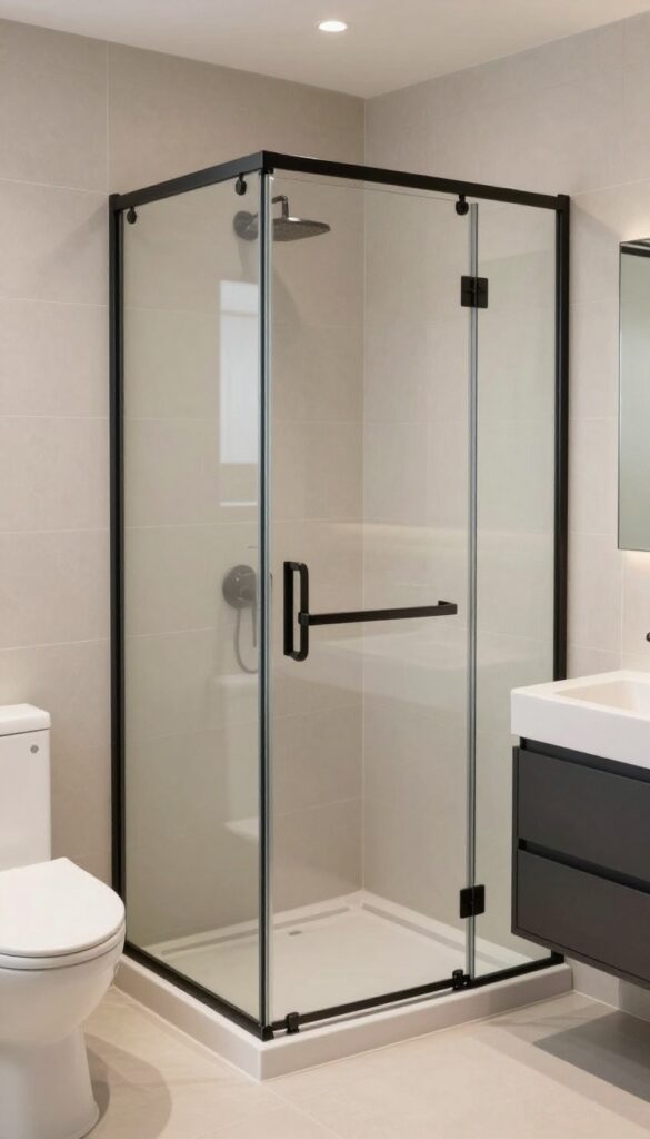 A small bathroom with a sliding glass door walk-in shower in bright natural light, showcasing a minimalist design for tight spaces.
