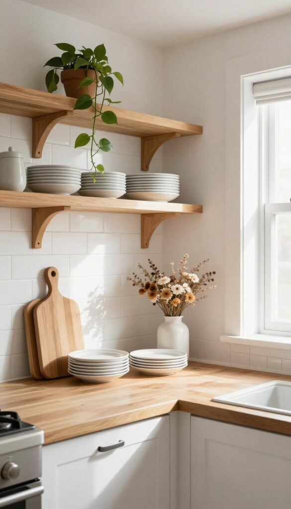 Open shelving in a cottage kitchen with plates, cutting boards, and a trailing pothos plant.