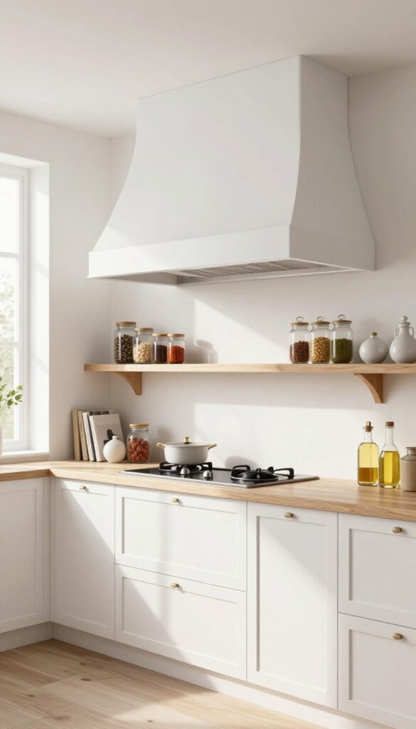 Custom range hood cover with open shelving displaying spices and cookbooks in a bright kitchen.
