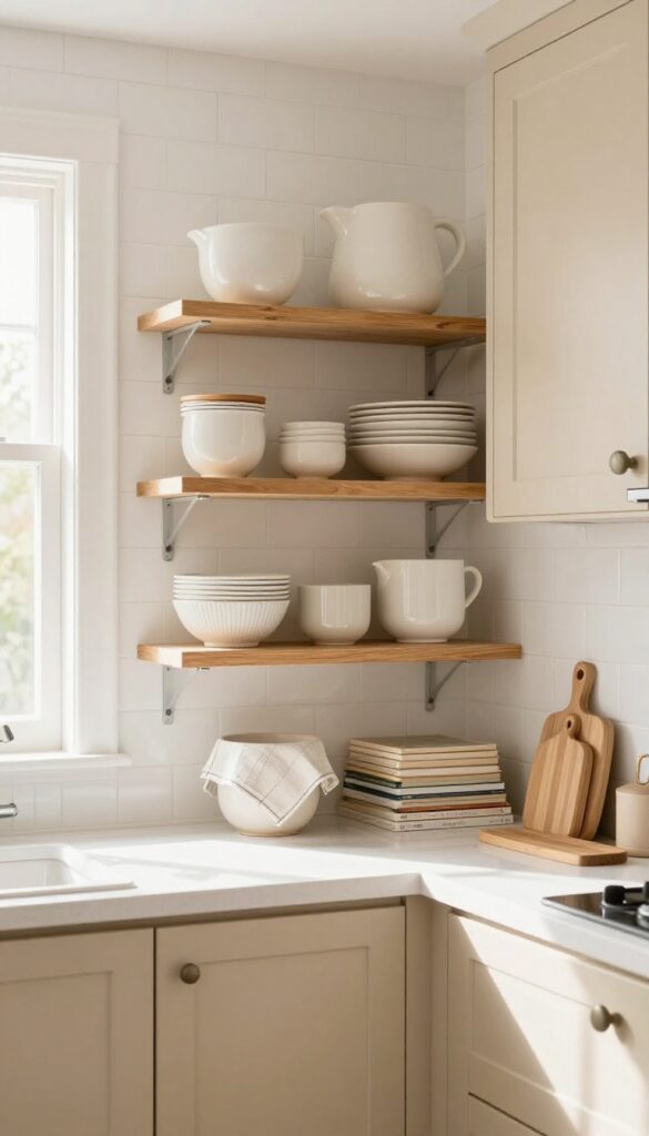 Open shelving in a beige kitchen with layered ceramics, linen napkins, wooden boards, and cookbooks.