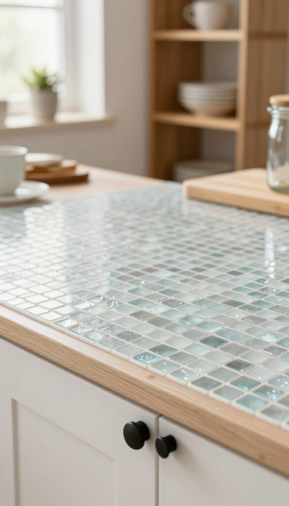Mosaic glass tile backsplash with subtle shimmer in muted sea glass and pale gray tones, warm wood shelving, matte black hardware, and natural light.