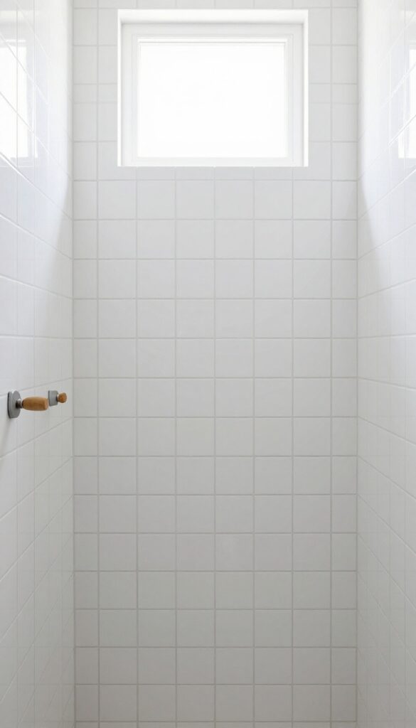 Close-up view of glossy white bathroom shower tiles with colored gray grout in bright natural light