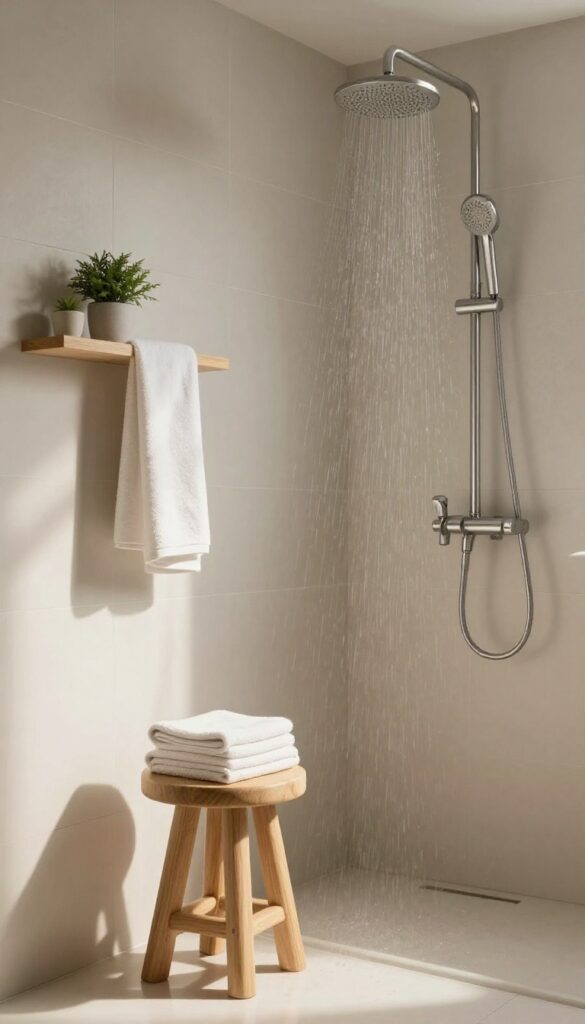 Bathroom with rainfall shower and natural wood accents including a stool and shelves, showcasing organic warmth and stylish decor in bright natural light.