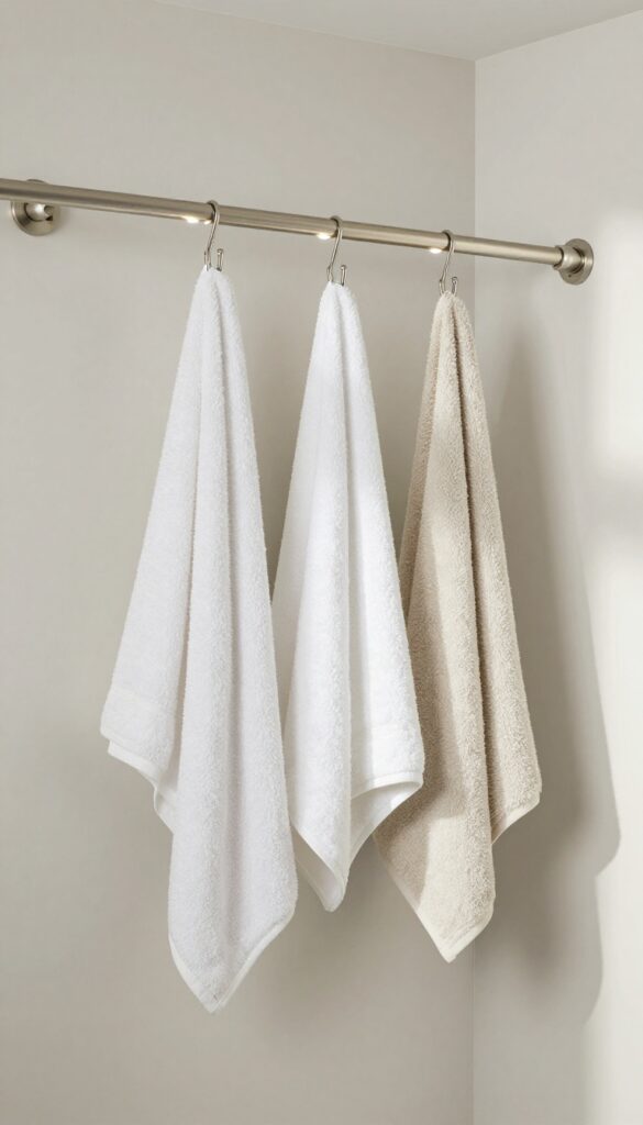 Shower curtain rod with integrated LED lighting and hooks in a polished modern bathroom