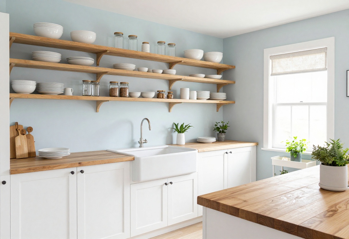 Small country kitchen with white cabinets, open shelving, farmhouse sink, and rolling cart