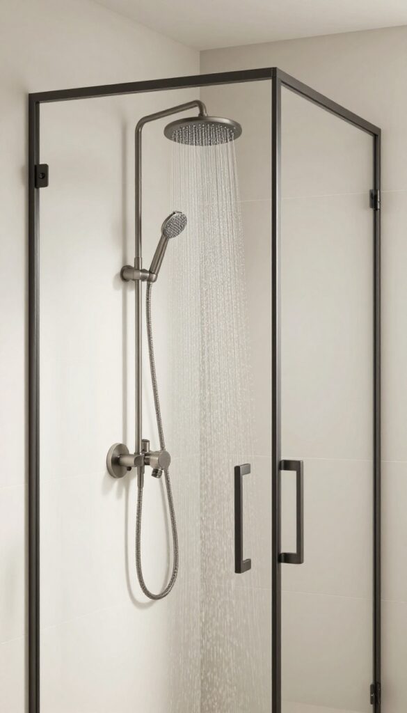 Minimalist walk-in shower with large tiles, rainfall showerhead, and frameless glass door in a bright, clean bathroom setting.