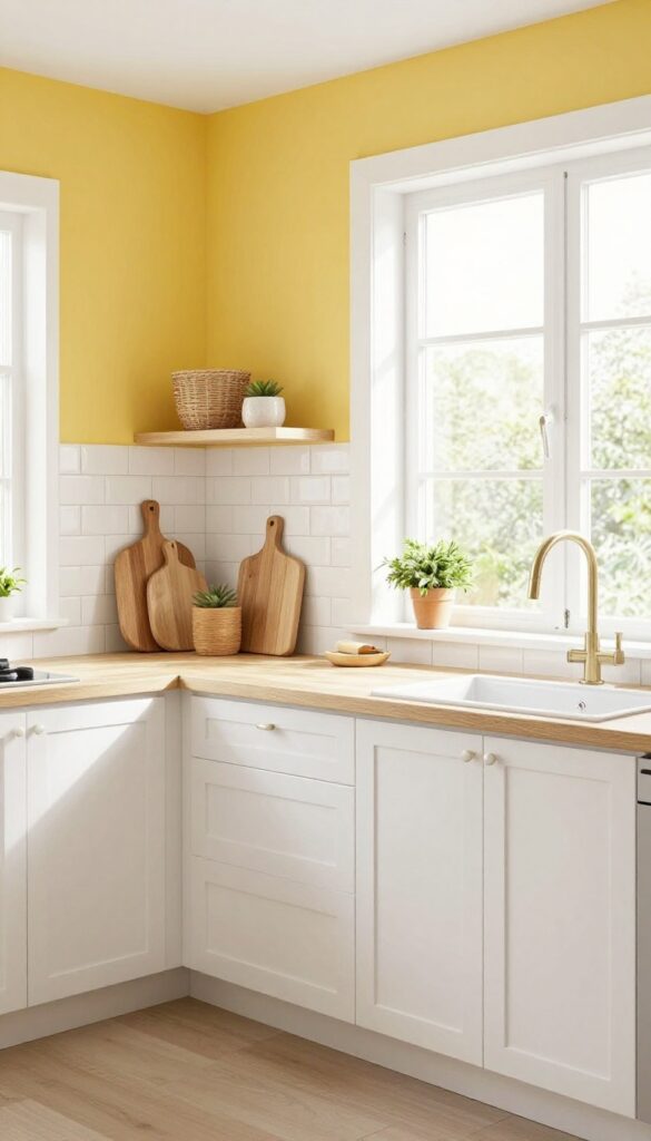 Butter yellow kitchen walls with white cabinets and natural light
