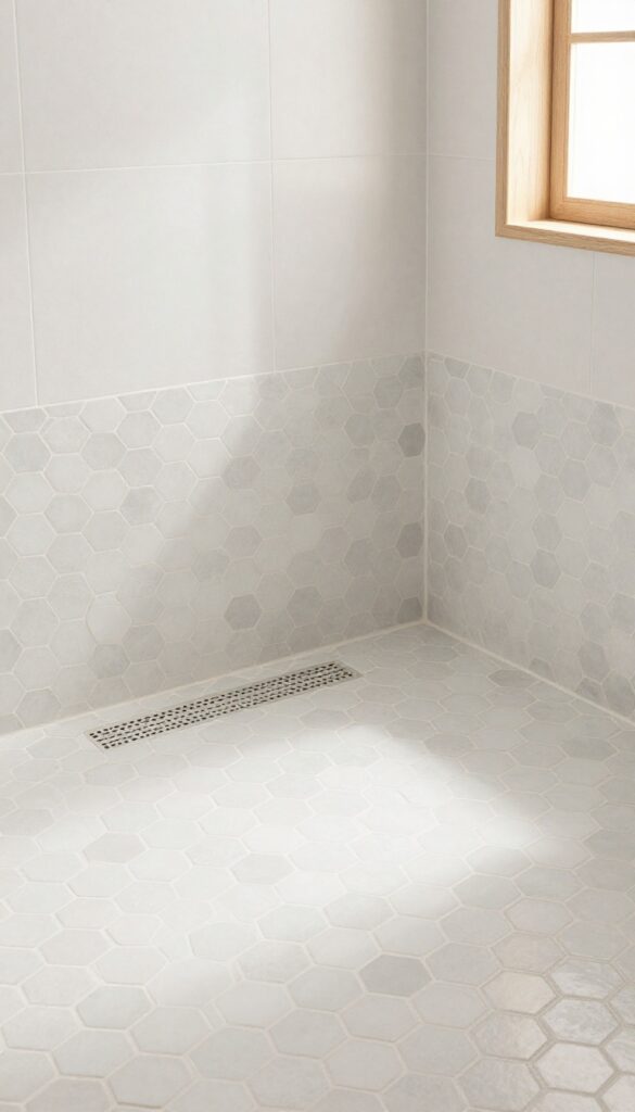 Close-up view of hexagonal mosaic tile floor in a master bathroom shower, showcasing a subtle honeycomb pattern with bright natural lighting for an elegant and clean aesthetic.