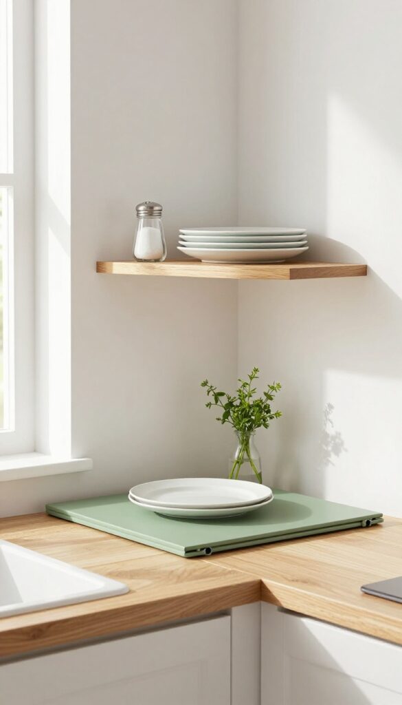 Wall-mounted folding table in sage green with shelf above holding spices and plates, in bright kitchen corner