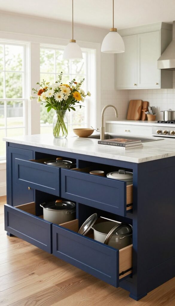 Modern kitchen island with built-in drawers, marble countertop, and navy blue finish in a bright, clutter-free kitchen.