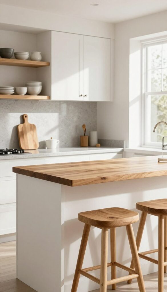 Bright kitchen with white cabinets, quartz countertop, open shelving, and a butcher block island topped with wooden stools.