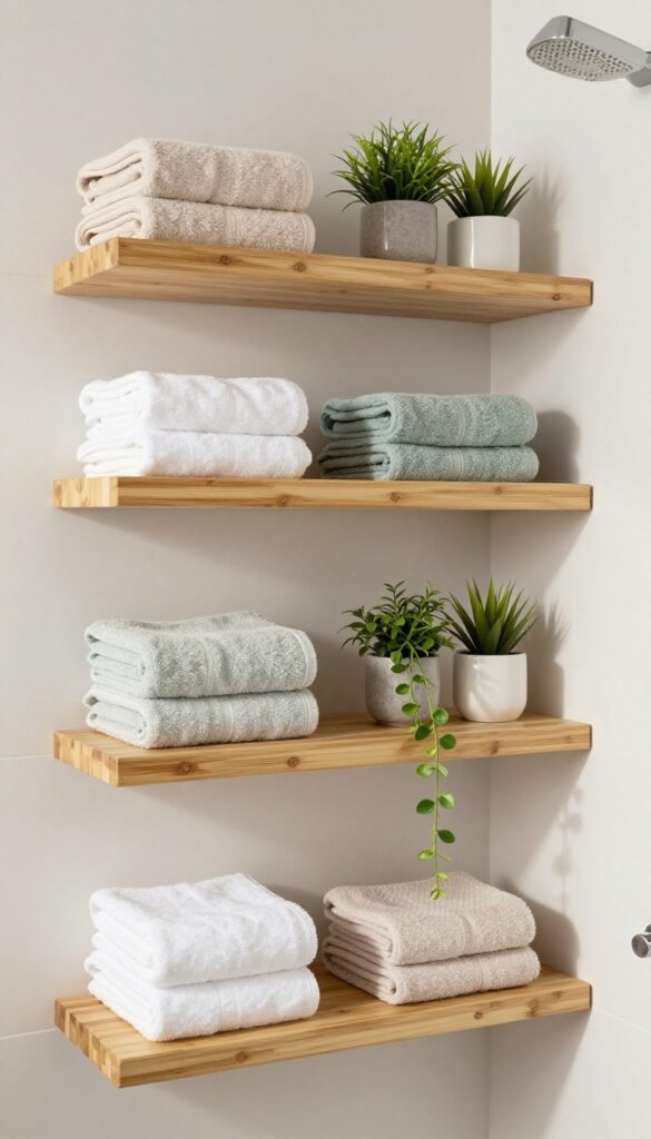 Floating shelves above a shower with plants and towels, demonstrating a cheap and modern storage solution for bathrooms.