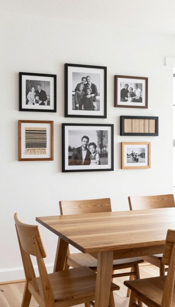 A gallery wall of personal art in a bright dining room with framed photos and textiles.