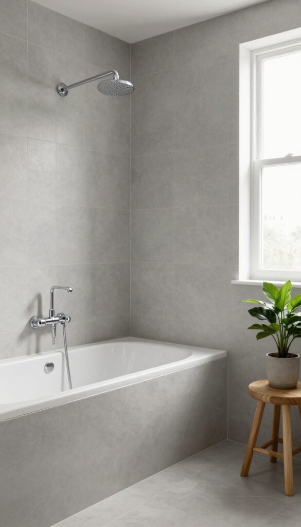 A modern bathroom featuring a tiled shower and tub in soft gray monochrome, with natural light highlighting matte tiles, glossy fixtures, and wood accents for a polished look.