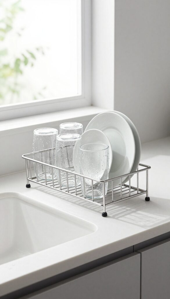 Over-the-sink drying rack in a modern kitchen with dishes air-drying above a white sink.