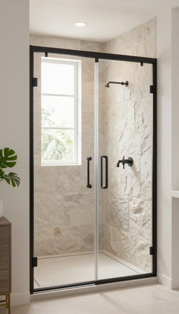 A small walk-in shower without a door, showcasing a textured tile accent wall with natural stone texture, matte black fixtures, warm lighting, and plants in a bright, clean bathroom setting.