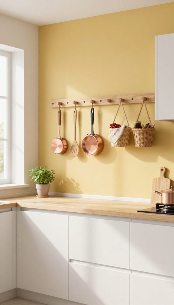 Kitchen with mustard yellow accent wall and pegboard storage