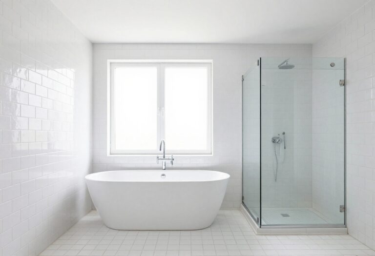 A bright and clean bathroom with a bath and shower combo showcasing full-height white tile for a polished and intentional look