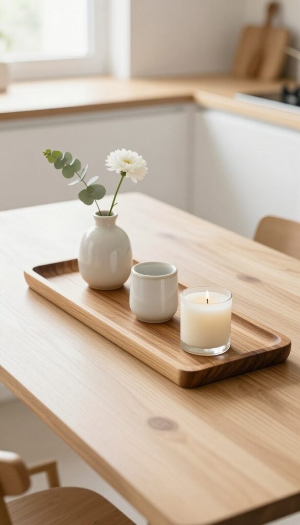 A low wooden tray on a kitchen table holding a ceramic salt cellar, a small bud vase with a single stem, and an unscented taper candle.