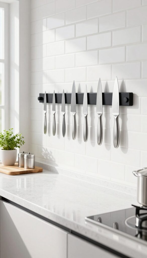 Small kitchen with magnetic strip holding knives and metal spice tins on white tile backsplash