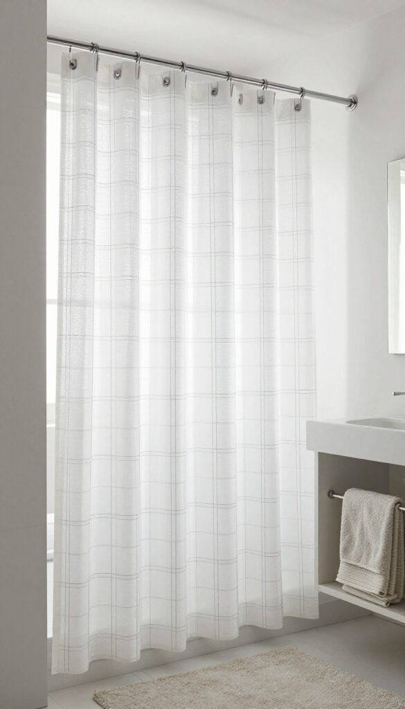 Tall shower curtain with minimal black grid pattern in a bright, modern bathroom with natural light and clean decor.