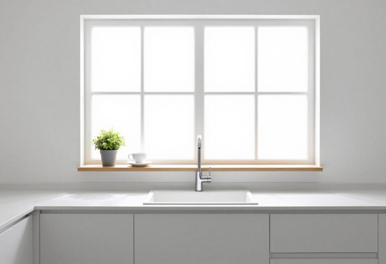 Modern small kitchen with window shelf holding plant and coffee cup