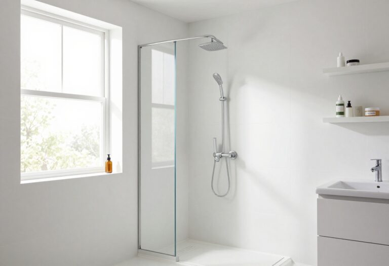 Modern bathroom with a sleek shower holder and organized bath essentials on a minimalist shelf.