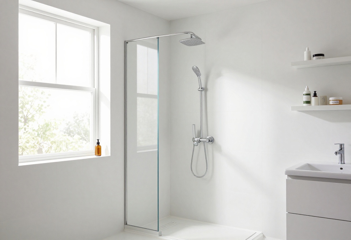 Modern bathroom with a sleek shower holder and organized bath essentials on a minimalist shelf.