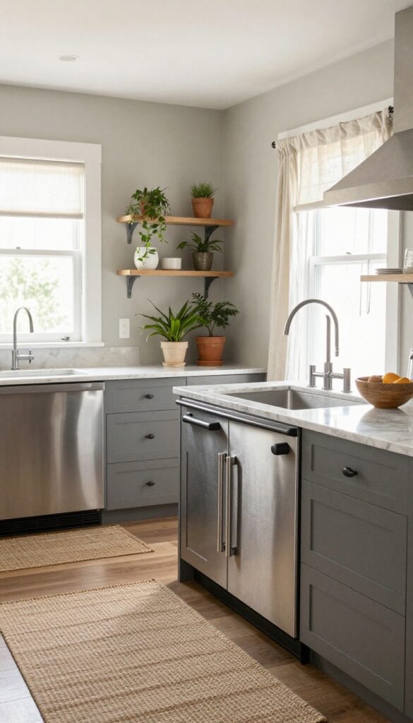 Warm gray greige kitchen with marble countertops, stainless steel appliances, linen curtains, woven rug, and potted plants.