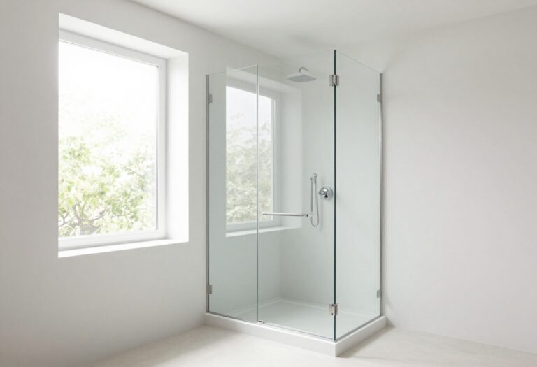 Modern bathroom with a glass shower half wall, natural lighting, and minimalist design elements.
