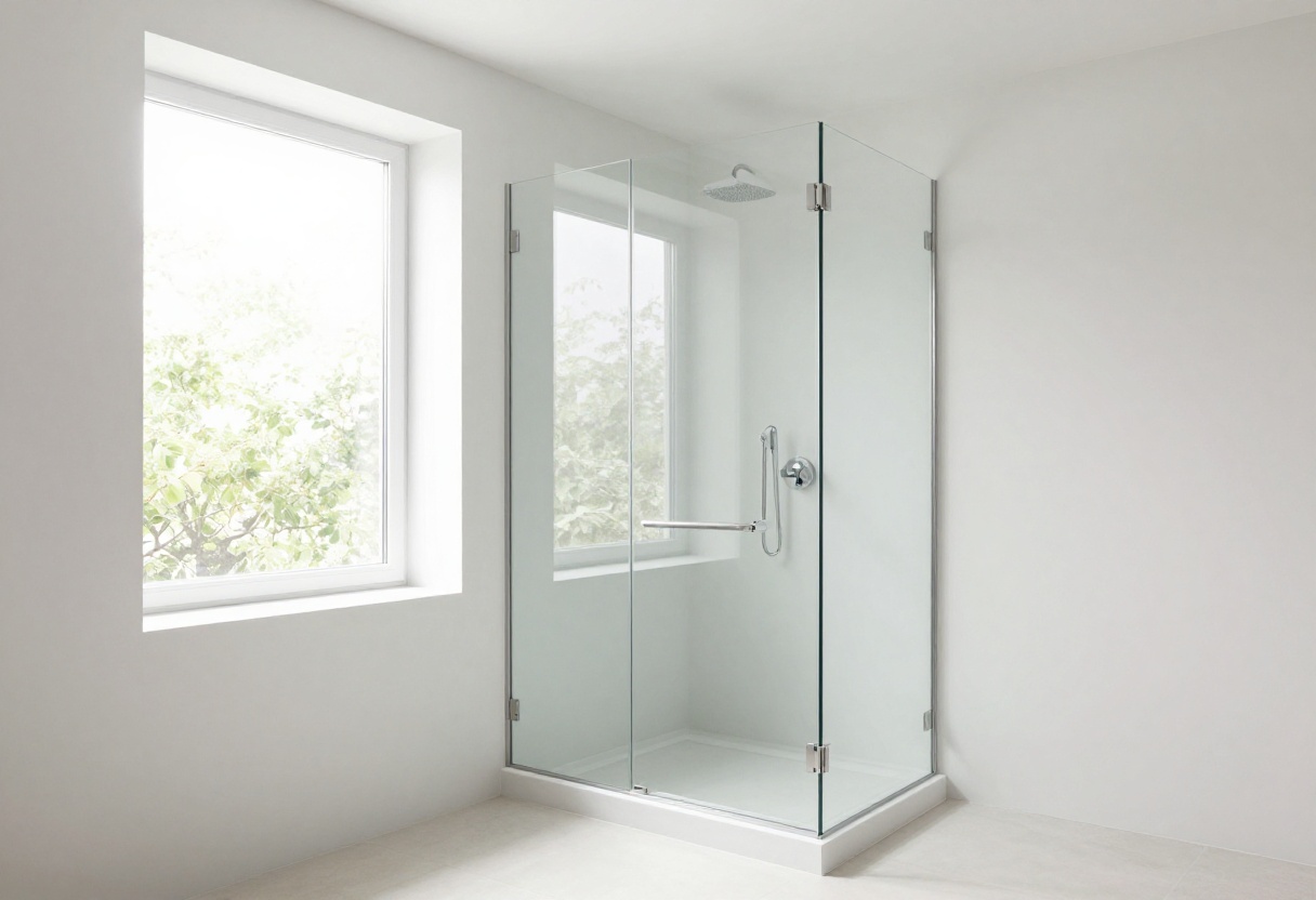 Modern bathroom with a glass shower half wall, natural lighting, and minimalist design elements.