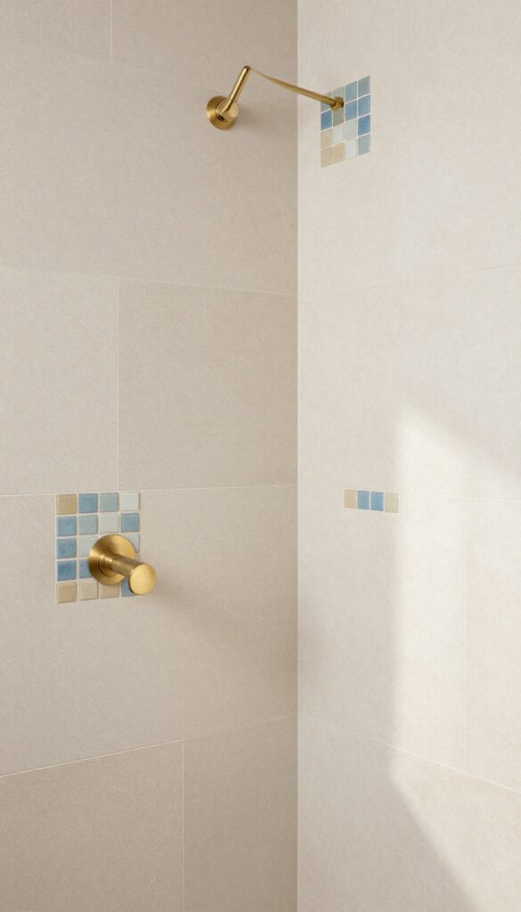 Coastal shower with mixed stone and ceramic tiles for visual depth in a bright bathroom.