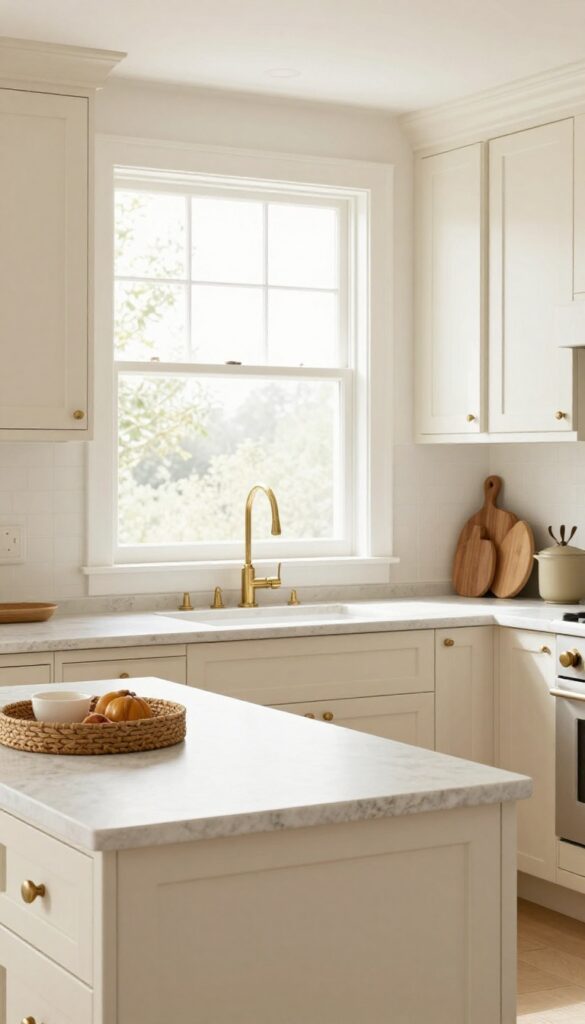 Cream kitchen with natural stone countertops and soft natural light