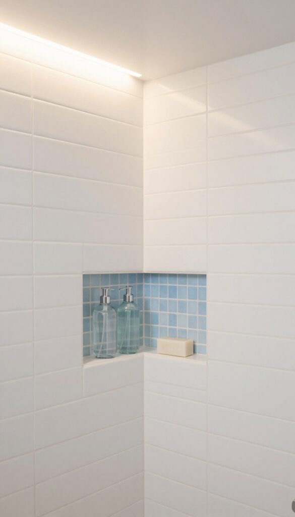 A photorealistic image of a bathroom shower corner with a triangular niche for storage. The niche features matching white subway tiles and a contrasting blue mosaic tile inside, holding shampoo, conditioner, and soap under soft LED lighting. It showcases how to utilize wasted space for tidy product storage in a compact bathroom.