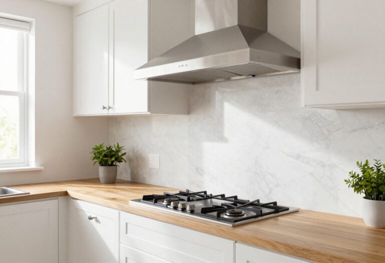 Modern kitchen with polished stainless steel range hood above gas cooktop, white cabinets, marble backsplash, and warm wood floors.