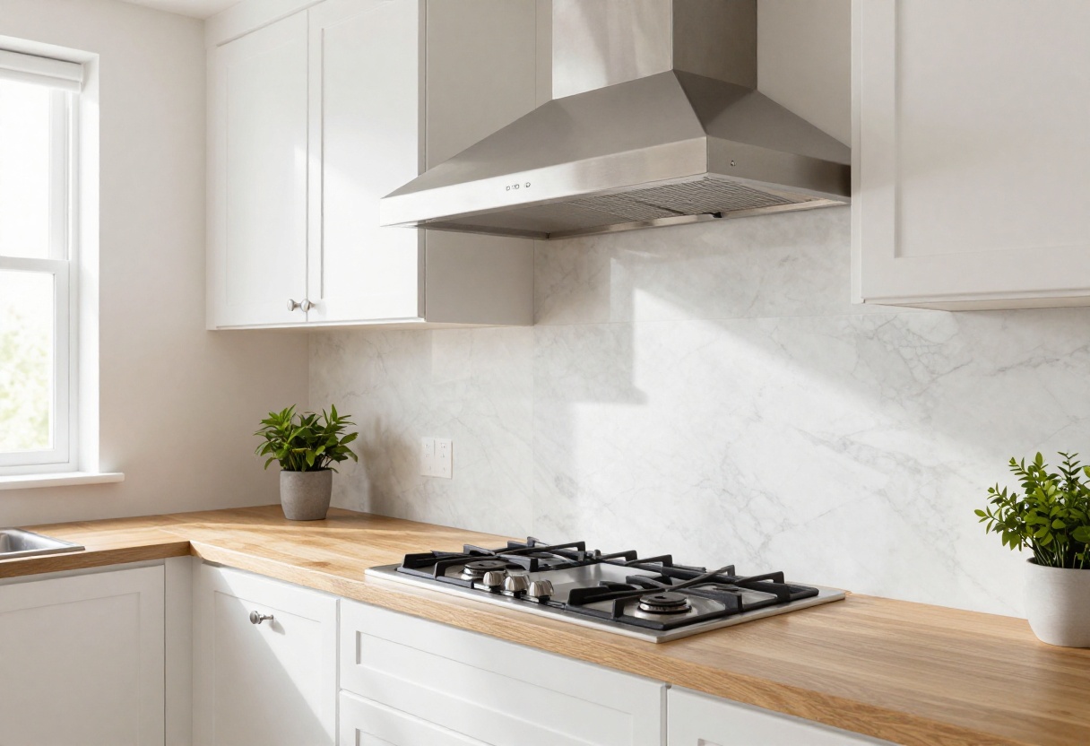 Modern kitchen with polished stainless steel range hood above gas cooktop, white cabinets, marble backsplash, and warm wood floors.