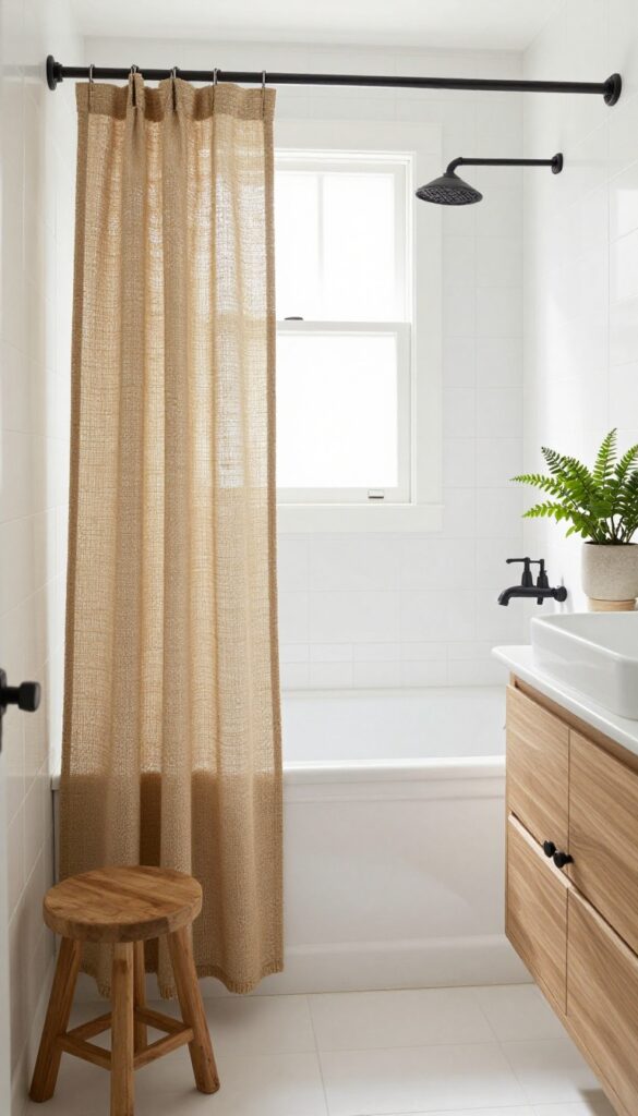 A rustic farmhouse bathroom featuring a natural jute shower curtain with raw texture, set against white tiles and porcelain fixtures in bright natural light.