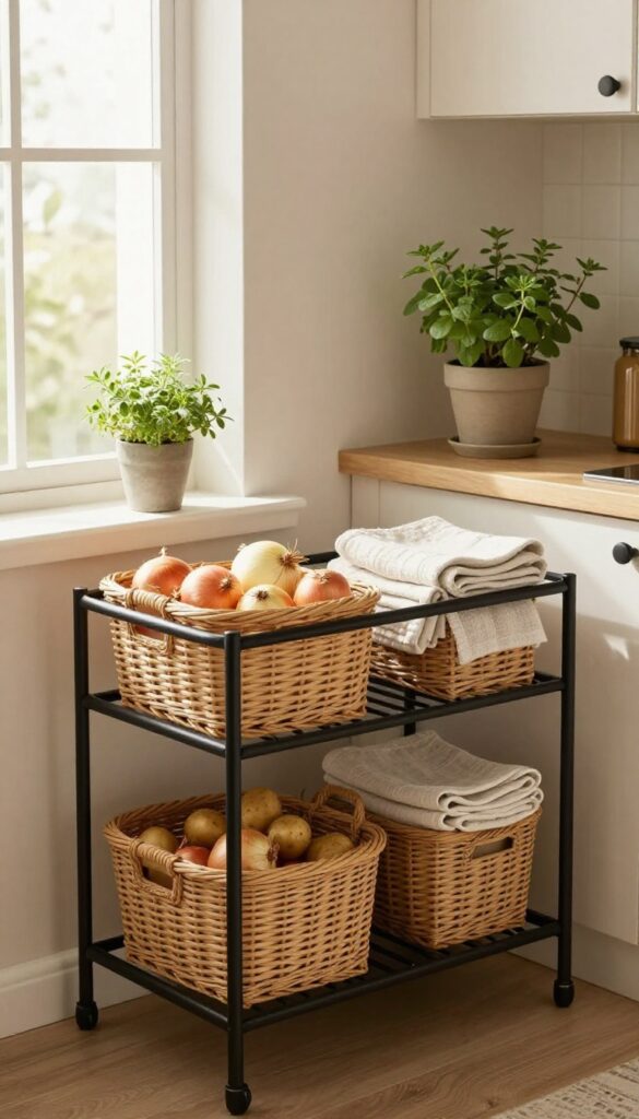 Wicker basket trolley in a bright farmhouse kitchen with natural woven baskets on a metal frame, filled with produce and linens, potted herb on top.