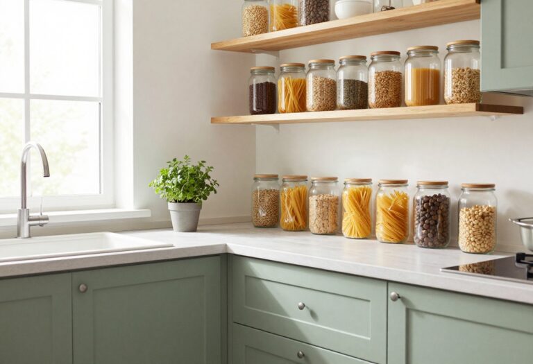 Bright kitchen with sage green cabinets, wood shelving, and glass storage jars