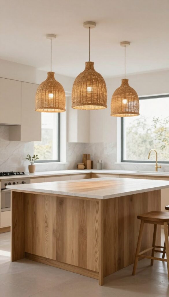 Three woven pendant lights over a kitchen island in a bright, earthy kitchen