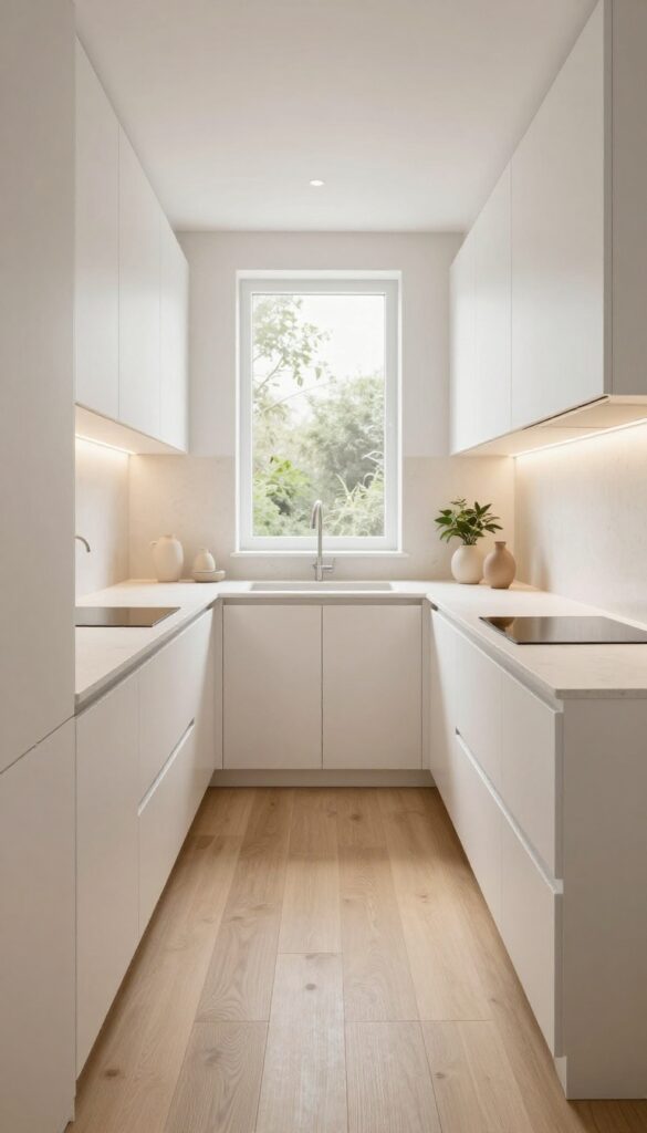 Narrow kitchen with single-wall streamlined layout, handleless cabinets, continuous countertop, open shelving, and bright natural light.