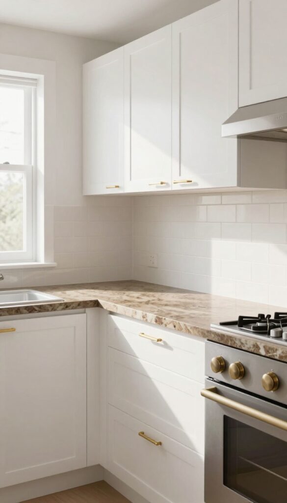 Modern kitchen with brown quartz countertops featuring subtle veining, white cabinetry, brushed brass hardware, and soft natural light