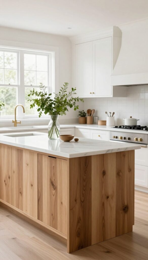 Kitchen countertop combining polished white marble slab with warm wood butcher block, fresh greenery, bright natural light