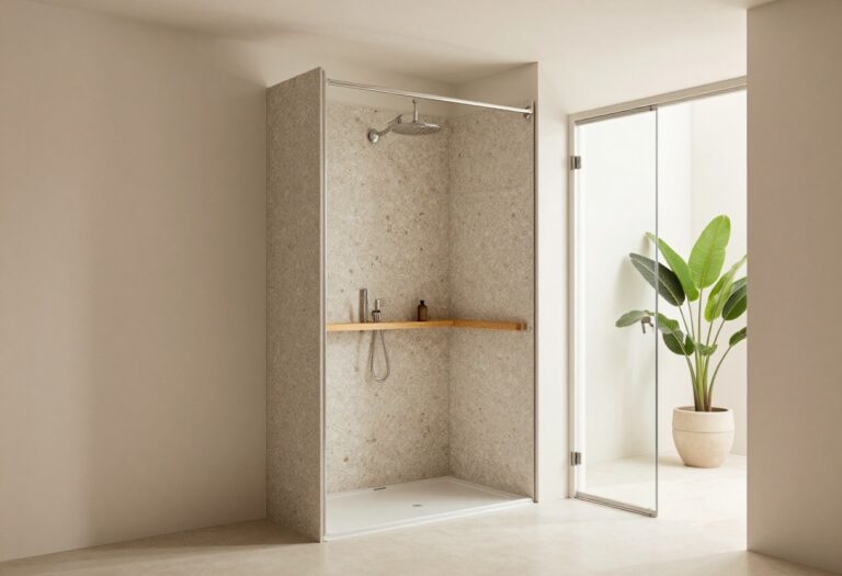 Stylish small stand up shower with textured pebble tiles, wooden shelves, and plants in a modern bathroom setting.