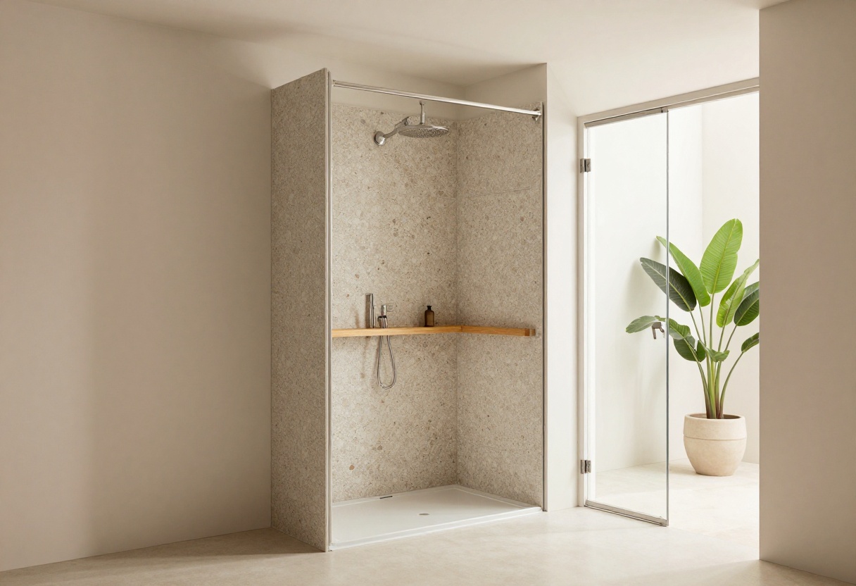 Stylish small stand up shower with textured pebble tiles, wooden shelves, and plants in a modern bathroom setting.