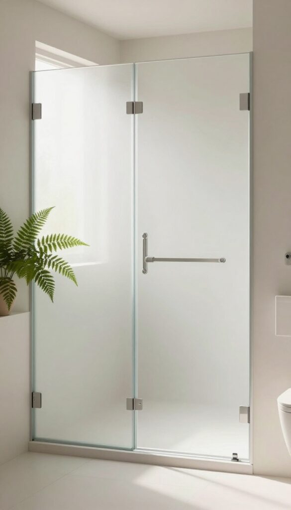 A serene bathroom with a shower that has a frosted glass window diffusing natural light into a soft glow, enhancing privacy and ambiance with clean fixtures and plants.