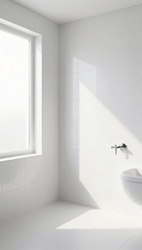A shower with glossy and matte white tiles in a checkerboard pattern, highlighting light and shadow contrast in a modern bathroom.