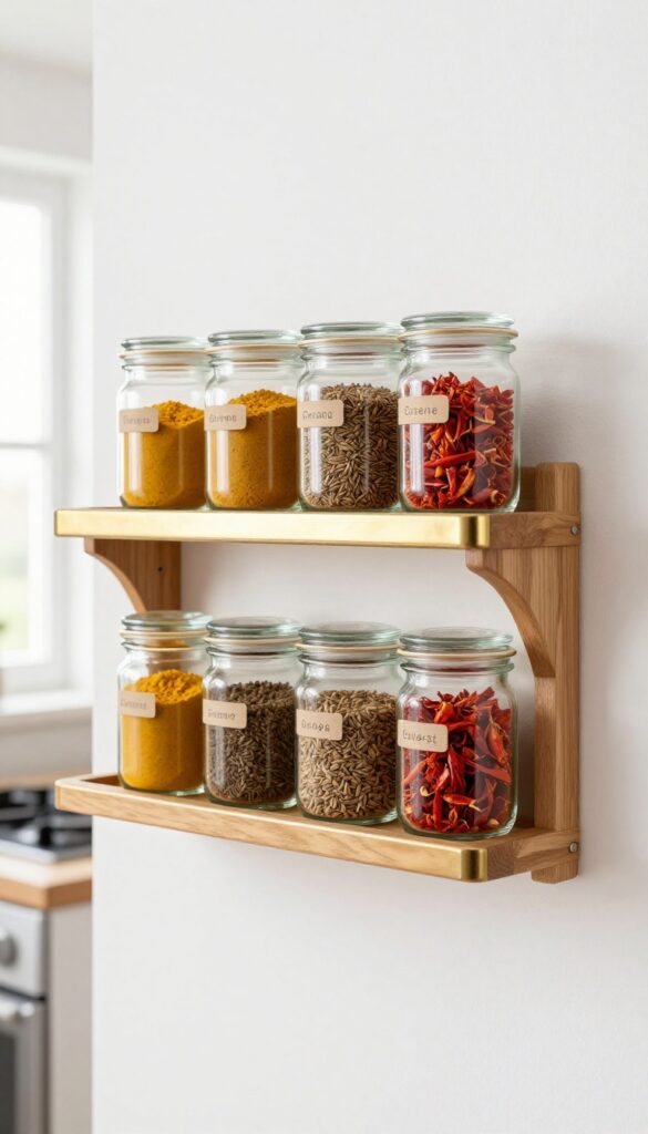 A narrow wooden shelf with glass spice jars arranged neatly, serving as both storage and wall art in a bright kitchen.