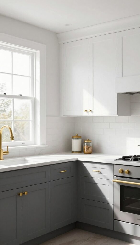 Two-tone gray and white kitchen with gold hardware, natural light, and clean design